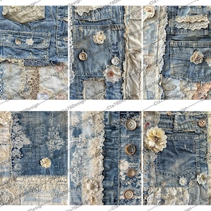 May include: A patchwork of denim fabric with lace and floral accents. The fabric is a mix of light and dark blue denim, with white lace and pink floral accents. The fabric is arranged in a grid pattern, with each square being a different piece of fabric.