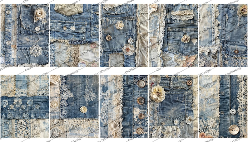 May include: A patchwork of denim fabric with lace and floral accents. The fabric is a mix of light and dark blue denim, with white lace and pink floral accents. The fabric is arranged in a grid pattern, with each square being a different piece of fabric.