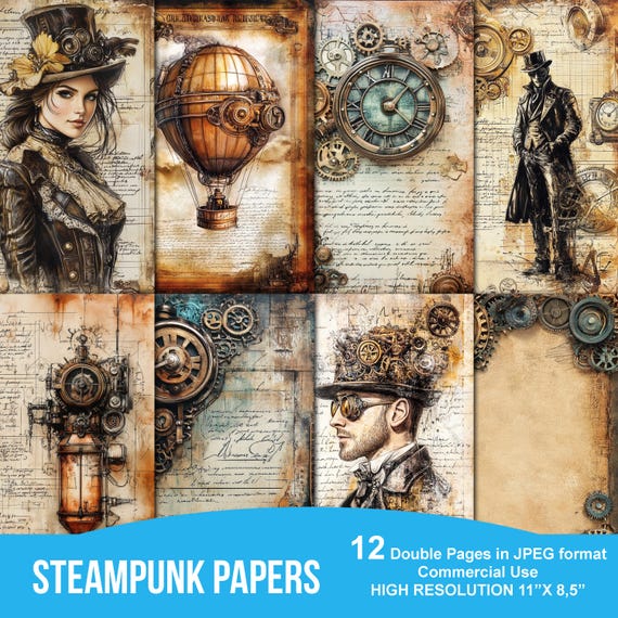 Steampunk Junk Journal Half Papers, Instant Download, Digital Scrapbook Paper, Victorian Ephemera JPG, Collage Sheets, Printable Backgrounds