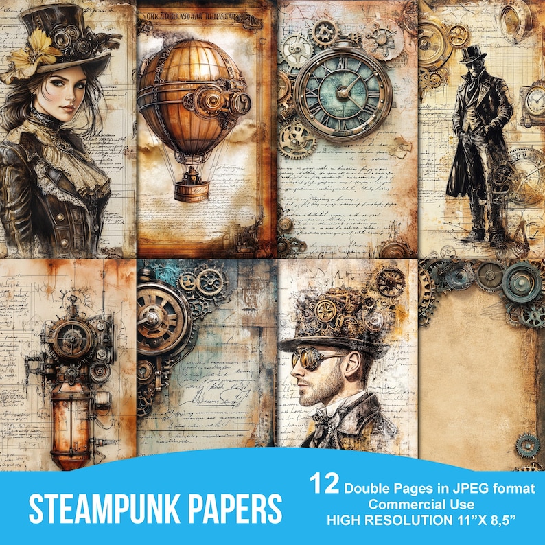 K&ouml;nnte beinhalten: Zw&ouml;lf digitale Papiere im Steampunk-Stil. Die Papiere zeigen verschiedene Bilder, darunter eine Frau mit Zylinder, eine Uhr, einen Hei&szlig;luftballon, einen Mann mit Zylinder und Zahnr&auml;der. Die Papiere haben eine hohe Aufl&ouml;sung und sind 11 Zoll mal 8,5 Zoll gro&szlig;.
