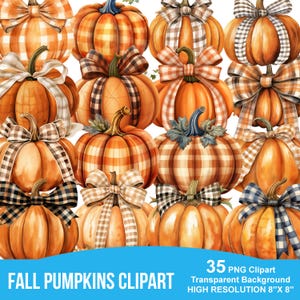 Puede incluir: Una colección de calabazas de acuarela en varios tamaños y patrones. Cada calabaza es naranja con un tallo verde y un lazo decorativo. Los lazos presentan patrones de cuadros y cuadros escoceses en tonos de marrón, blanco y azul. El texto en la parte inferior dice "FALL PUMPKINS CLIPART".