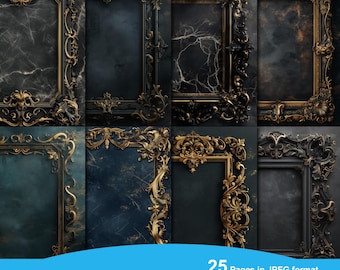 Op de afbeelding: Een set van 25 digitale frames in JPEG-formaat, met zwarte en gouden sierlijke frames met een marmerachtige achtergrond. De frames zijn van hoge resolutie en meten 21,6 cm x 27,9 cm.