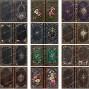 May include: A collection of antique-style book covers with floral and ornate designs. The covers feature various colors, including pink, blue, green, and brown, with gold-colored decorative elements. Some covers display a skull or religious imagery.