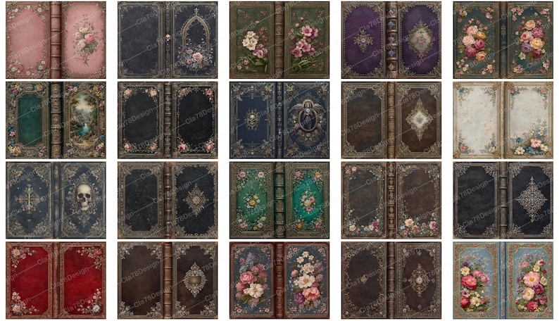 May include: A collection of antique-style book covers with floral and ornate designs. The covers feature various colors, including pink, blue, green, and brown, with gold-colored decorative elements. Some covers display a skull or religious imagery.