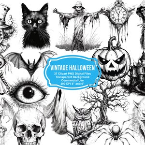 37 Vintage Halloween Clipart 5&quot; x 5&quot; and 6&quot; x 6&quot; - Transparent Background Digital Download PNG Fussy Cuts - Commercial Use