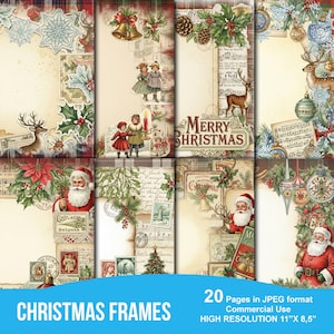 Puede incluir: Una colección de marcos navideños de estilo vintage con elementos decorativos como renos, Papá Noel, campanas y acebo. Los marcos presentan una mezcla de colores, incluyendo rojo, verde y beige, con el texto "MERRY CHRISTMAS" y "CHRISTMAS FRAMES". La imagen es de 27,94 cm x 21,59 cm.