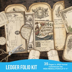 Può includere: Una collezione di pagine di registro, ricevute ed effimeri in stile vintage a tema vittoriano. L'immagine include un paio di forbici ornate e il testo "LEDGER FOLIO KIT". Le pagine presentano texture di carta invecchiata e illustrazioni di navi ed elementi botanici.