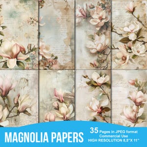 Magnoliabloem digitale papers - elegante botanische ongewenste dagboekpagina's voor scrapbooking, vintage bloemen ephemera afdrukbare kit