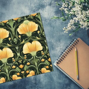 May include: A seamless pattern featuring yellow flowers with green leaves and stems on a dark green background. The flowers have a stylized art nouveau design.