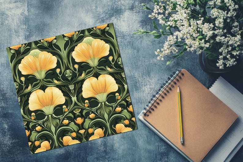 May include: A seamless pattern featuring yellow flowers with green leaves and stems on a dark green background. The flowers have a stylized art nouveau design.