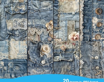 Chic Denim Junk Journal Printable Pages,  Scrapbook Printable, Printable Paper Kit, Digital Collage, Instant Download, Shabby Chic Denim