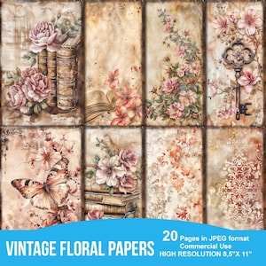 Vintage Floral Junk Journal Printable Pages, Junk Journal Kit, Scrapbook printable, Printable Paper, Digital Collage, Instant Download