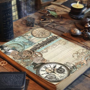 May include: A vintage-style journal with a brown leather cover and a decorative design featuring gears, clocks, and a train. The journal has a blue and white background with a handwritten inscription.