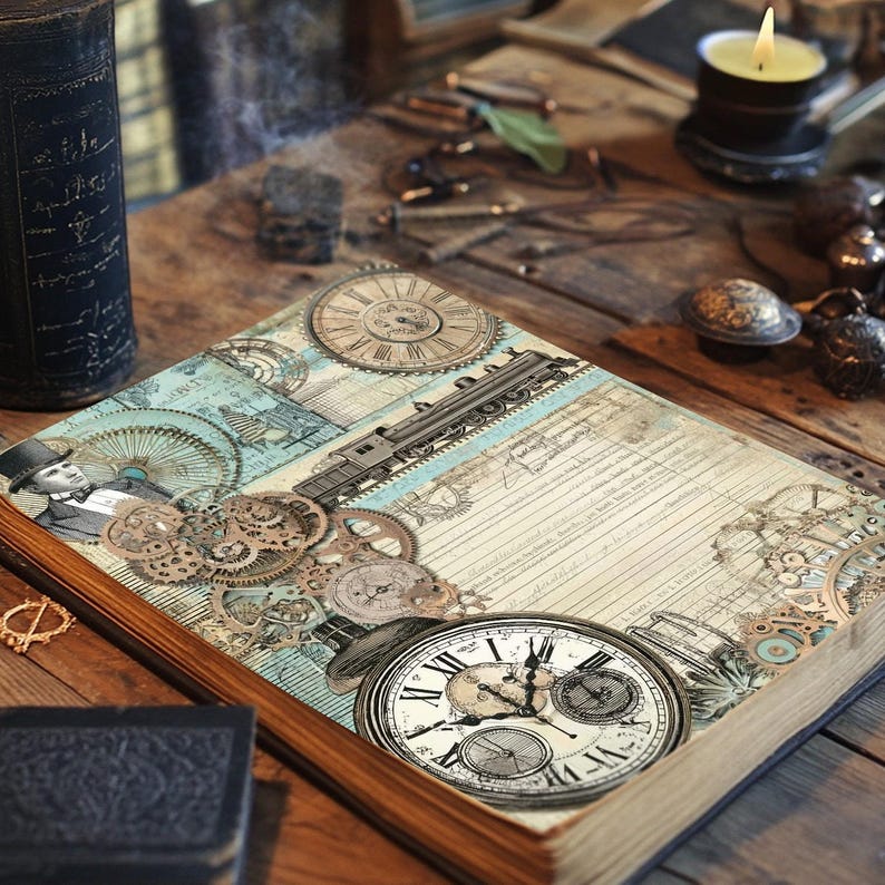 May include: A vintage-style journal with a brown leather cover and a decorative design featuring gears, clocks, and a train. The journal has a blue and white background with a handwritten inscription.