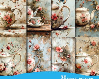 Shabby Chic Theepot Bloemenpapier – Junk Journal, Scrapbook (digitale download)
