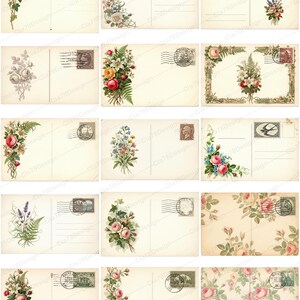 May include: A collection of vintage postcards with floral designs. Each postcard features a cream-colored background with various arrangements of roses, ferns, and other flowers in shades of pink, red, and white. Some cards include postage stamps and postmarks.