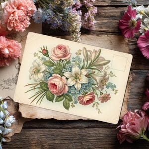 May include: A vintage postcard featuring a floral bouquet of pink roses, white lilies, and blue forget-me-nots. The postcard is surrounded by fresh flowers on a rustic wooden surface, creating a romantic and nostalgic scene.