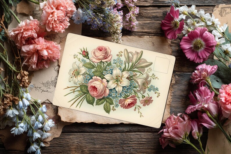 May include: A vintage postcard featuring a floral bouquet of pink roses, white lilies, and blue forget-me-nots. The postcard is surrounded by fresh flowers on a rustic wooden surface, creating a romantic and nostalgic scene.