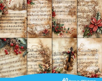 Spartiti natalizi vintage, pagine di diario spazzatura stampabili, carta per scrapbooking di Babbo Natale, foglio di collage digitale, canti natalizi antichi