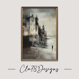 Antique Dark Moody City Landscape Painting, Vintage City Wall Art, Warm Tones, Moody Large Wall Art, Printable, Digital Download