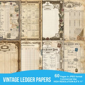 Peut inclure: Ensemble de papiers de registre vintage avec des pages sépia. Les papiers présentent des bordures ornées, des inscriptions manuscrites et des timbres. Le texte "VINTAGE LEDGER PAPERS" est affiché en bas. Les papiers mesurent 21,59 cm x 27,94 cm.