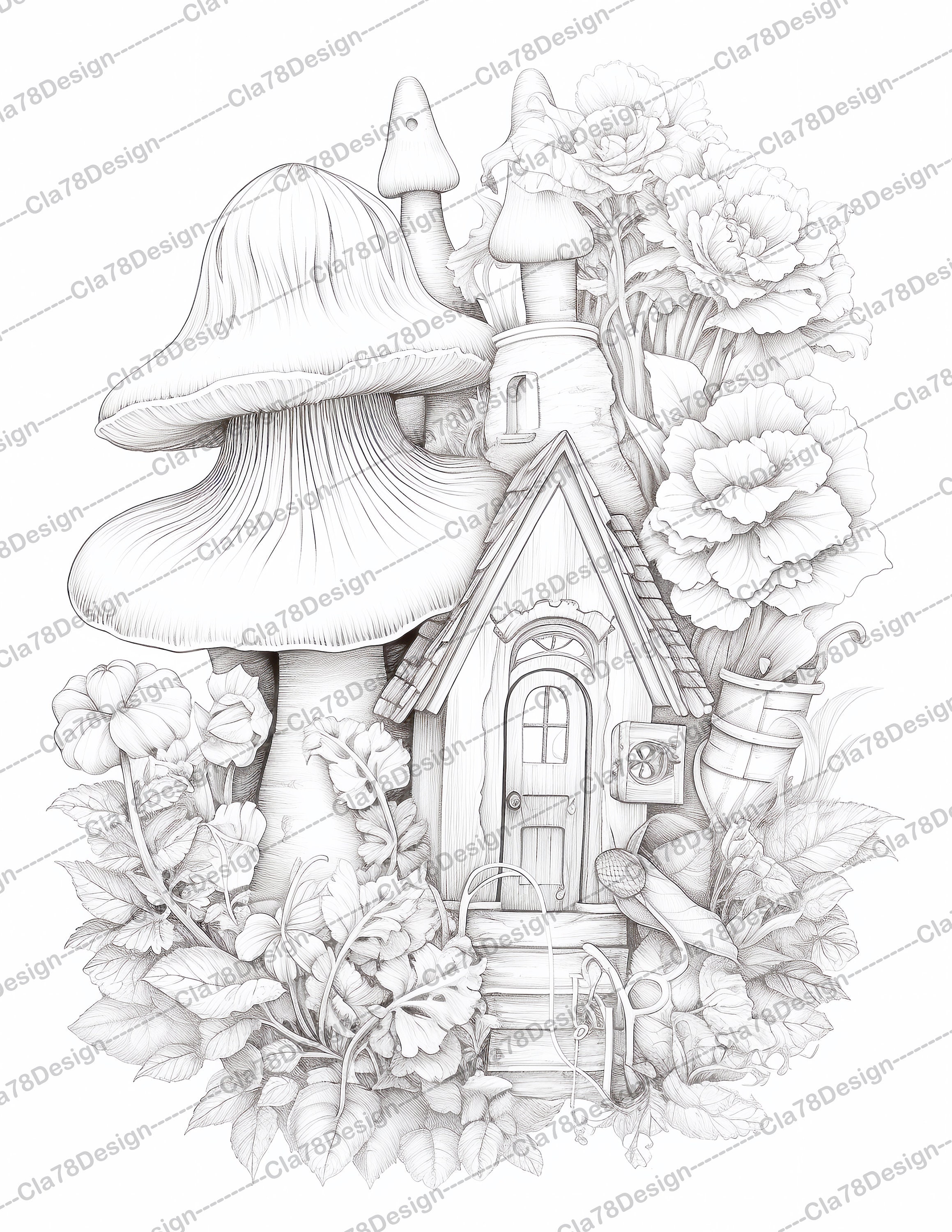 20 Fairy Houses Coloring Pages + Cover, Printable Adult Coloring Book,  Instant Download Illustration, 2 PDF Files 8,5\, image size:2318x3000
