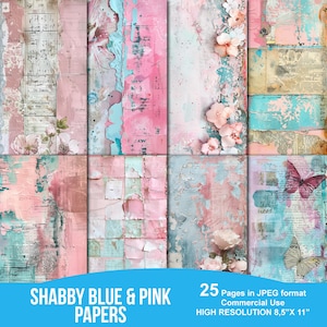 Páginas imprimibles de diario basura en azul y rosa desgastado, kit de diario basura, álbum de recortes imprimible, papel imprimible, collage digital, descarga instantánea