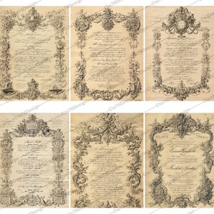 May include: A collection of ten antique-style parchment papers with ornate black and white decorative borders. Each document features handwritten script within the frame, with varying floral and scrollwork designs.