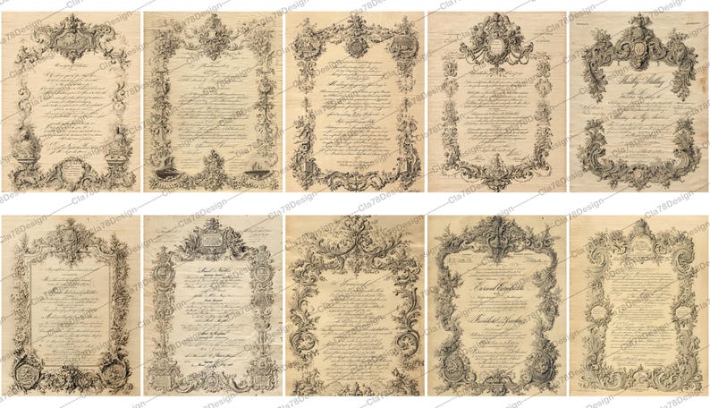 May include: A collection of ten antique-style parchment papers with ornate black and white decorative borders. Each document features handwritten script within the frame, with varying floral and scrollwork designs.