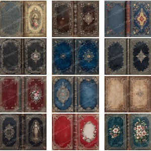 May include: A collection of antique-style book covers with ornate designs. The covers feature various colors, including burgundy, blue, and green, with floral and gothic-inspired embellishments. Some have illustrations of birds, angels, and architectural elements.