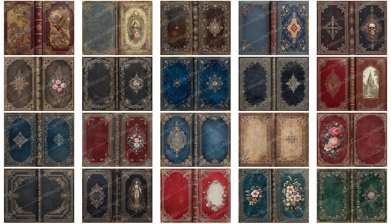 May include: A collection of antique-style book covers with ornate designs. The covers feature various colors, including burgundy, blue, and green, with floral and gothic-inspired embellishments. Some have illustrations of birds, angels, and architectural elements.