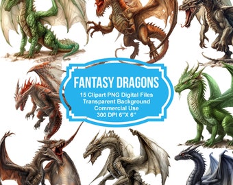 15 Dragones de Fantasía Clipart 6" x 6" - Fondo Transparente Descarga Digital Gráficos PNG - Uso Comercial