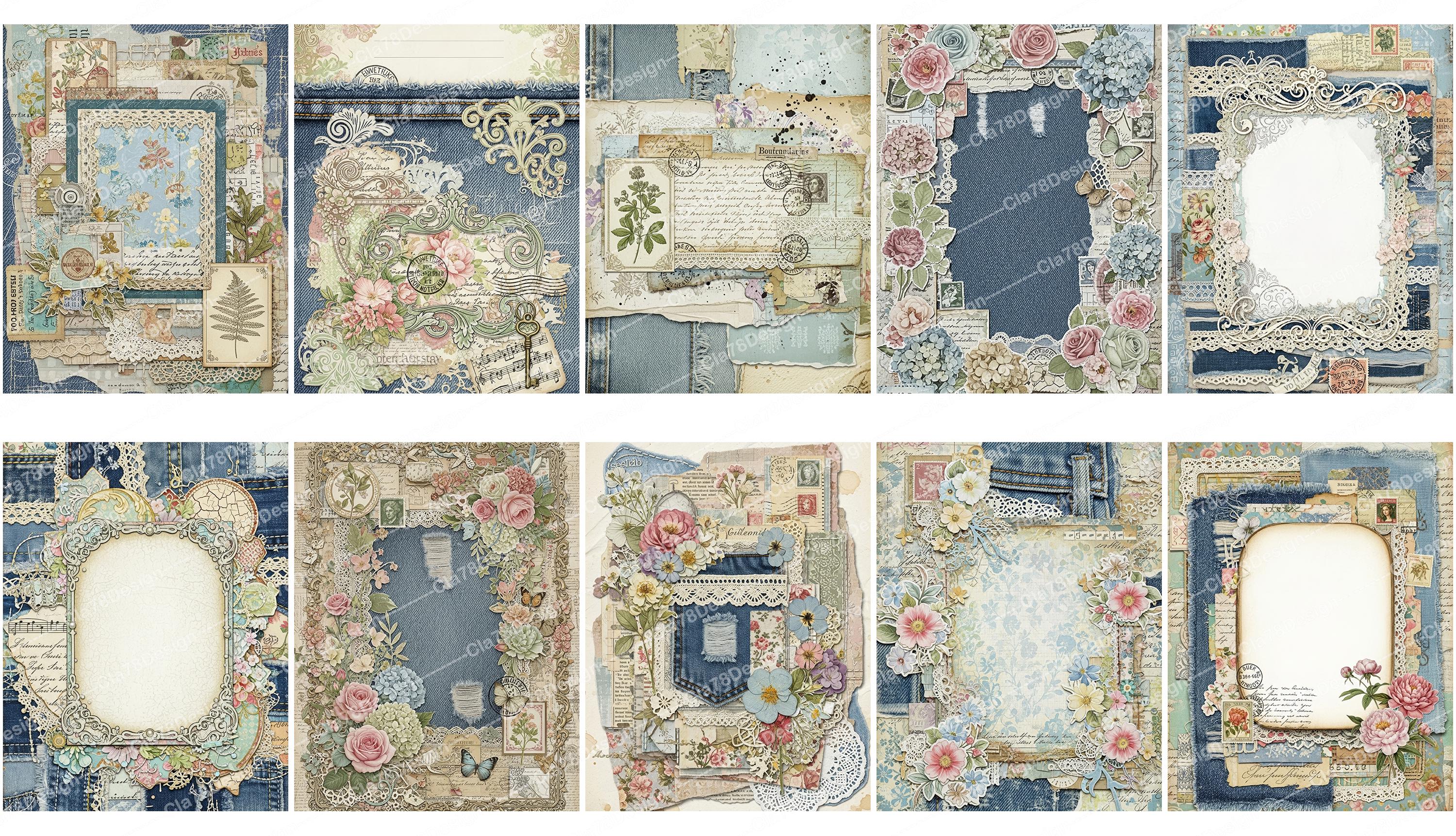 Denim and Lace Digital Paper, Shabby Chic Junk Journal Pages, Vintage ...