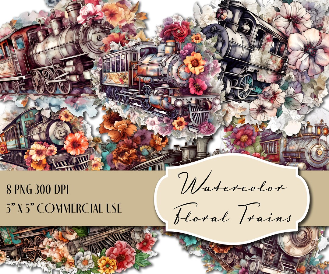 8 PNG of Watercolor Floral Trains Clipart 5 X 5 , Instant Download for