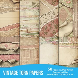 May include: A selection of vintage torn papers featuring floral, striped, and dotted designs in beige, pink, and green hues. The papers measure 21.59 cm x 27.94 cm and are high resolution. The image includes the text "VINTAGE TORN PAPERS".