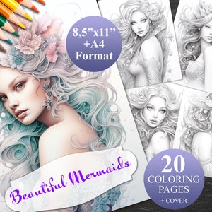 20 Beautiful Mermaids Coloring Pages + Cover, Printable Adult Coloring Book, Instant Download Illustration, 2 PDF files 8,5&quot;x11&quot; and A4