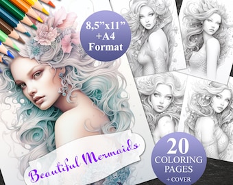 20 Beautiful Mermaids Coloring Pages + Cover, Printable Adult Coloring Book, Instant Download Illustration, 2 PDF files 8,5&quot;x11&quot; and A4
