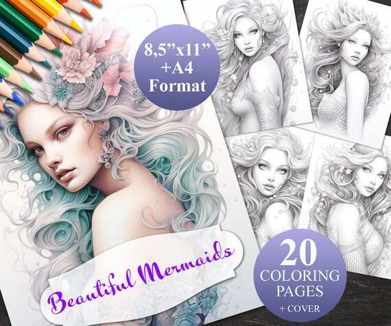 20 Beautiful Mermaids Coloring Pages + Cover, Printable Adult Coloring Book, Instant Download Illustration, 2 PDF files 8,5"x11" and A4