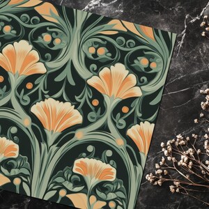May include: A seamless pattern featuring stylized floral motifs in shades of orange, green, and black. The design is reminiscent of Art Nouveau style.