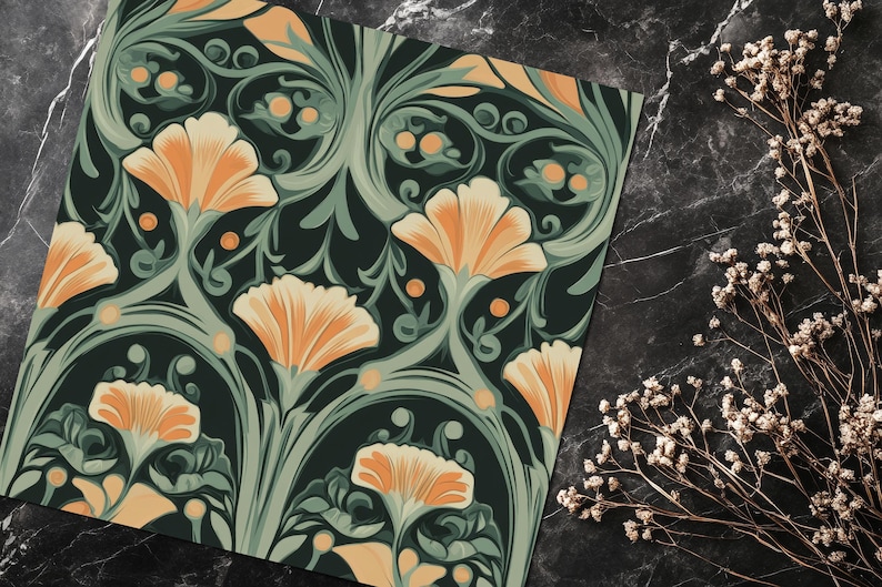 May include: A seamless pattern featuring stylized floral motifs in shades of orange, green, and black. The design is reminiscent of Art Nouveau style.