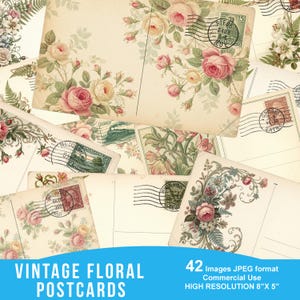 May include: A collection of vintage floral postcards. The postcards feature floral designs with roses and other flowers in shades of pink, cream, and green. The postcards have postage stamps and postmarks. The text "VINTAGE FLORAL POSTCARDS" is at the bottom.