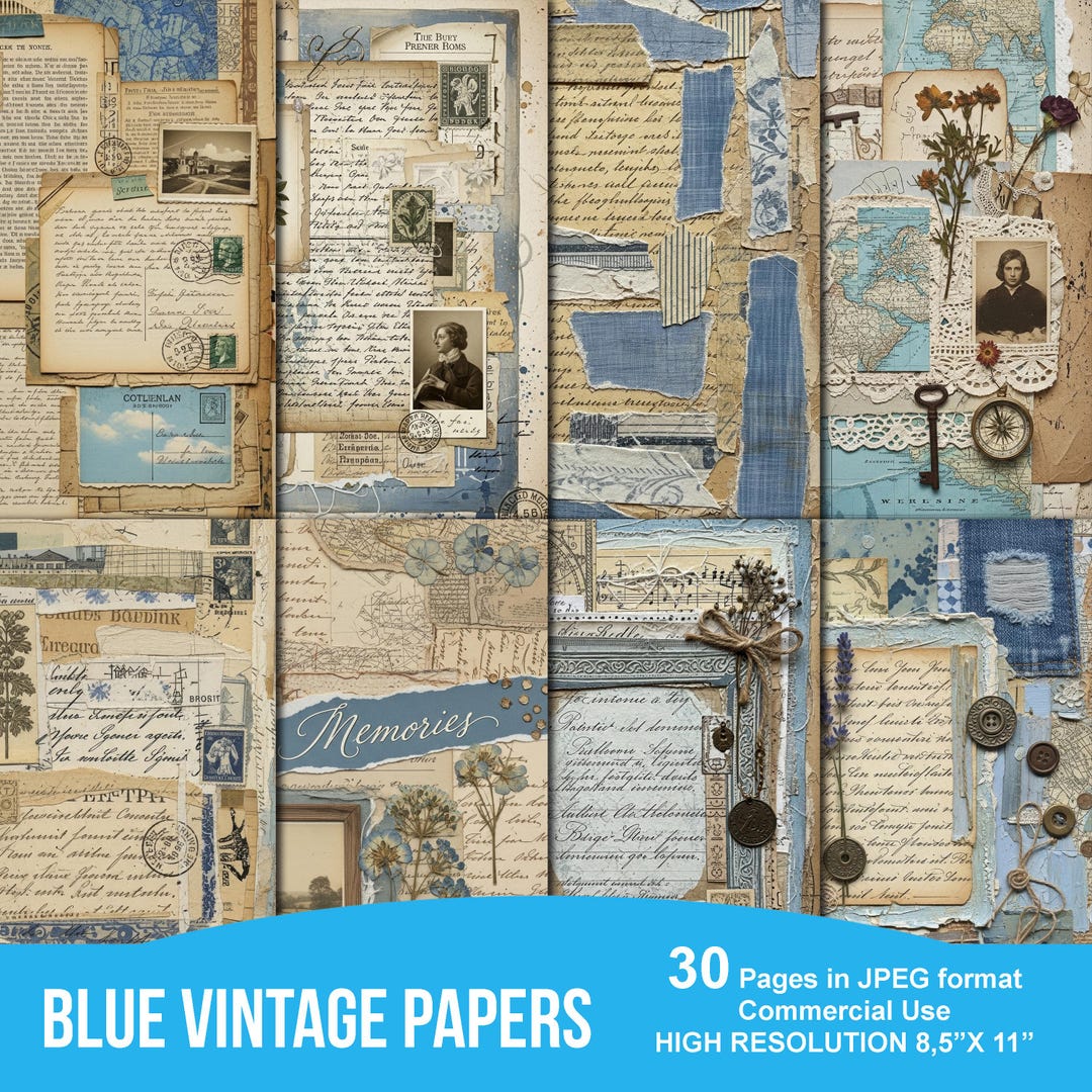 Blue Vintage Junk Journal Kit, Shabby Chic Ephemera, Digital Scrapbook ...