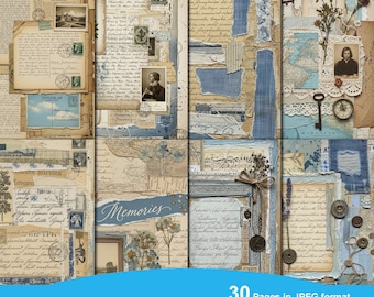 Blue Vintage Junk Journal Kit, Shabby Chic Ephemera, Digital Scrapbook Paper, Victorian Botanical Collage, Antique Denim Pages, Printable