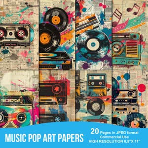 Vintage muziekpop-artpagina's, afdrukbaar antiek rommeljournaalpapier, digitaal collageblad, oude efemere logboeken, digitale muziekcollage
