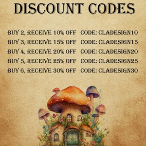 May include: A vintage-style promotional graphic with the text "DISCOUNT CODES" at the top. Below, it lists discount offers like "BUY 2, RECEIVE 10% OFF" with corresponding codes. An illustration of a mushroom house is at the bottom.