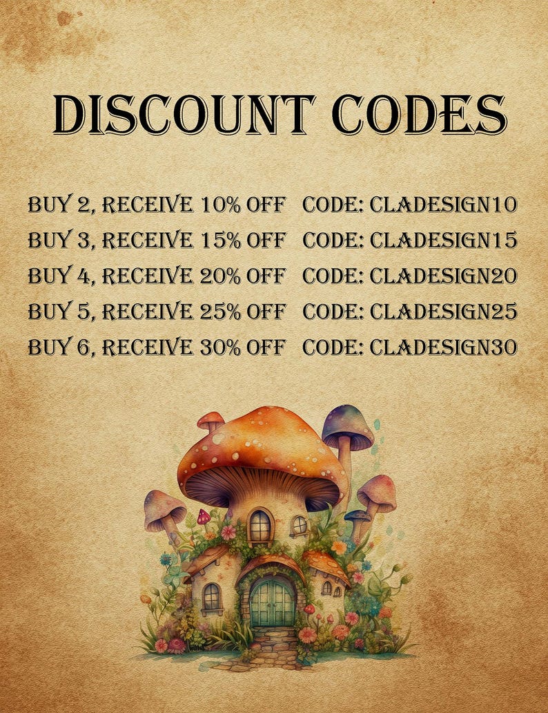 May include: A vintage-style promotional graphic with the text "DISCOUNT CODES" at the top. Below, it lists discount offers like "BUY 2, RECEIVE 10% OFF" with corresponding codes. An illustration of a mushroom house is at the bottom.