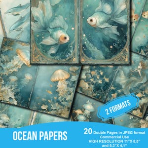 Ocean Junk Journal Pages – Carta per album digitali subacquei con pesci e coralli, effimeri marini stampabili per diari d'arte