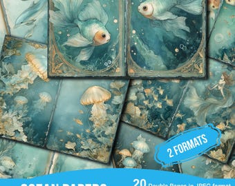 May include: A collection of digital ocean-themed papers. The papers feature illustrations of goldfish, jellyfish, dolphins, and a mermaid in shades of teal, blue, and gold. The text "OCEAN PAPERS" and "2 FORMATS" are visible. The papers are high resolution, 11" x 8.5" and 5.3" x 4.1".
