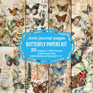 Vintage papillons Junk Journal Pages imprimables, kit de journal indésirable, scrapbooking imprimable, papier imprimable, collage numérique, téléchargement immédiat