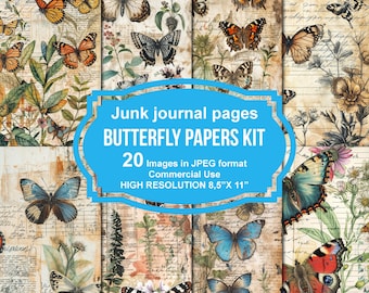 Vintage Butterflies Junk Journal Printable Pages, Junk Journal Kit, Scrapbook Printable, Printable Paper, Digital Collage, Instant Download